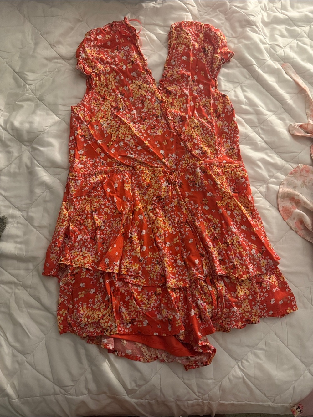 Red Floral Tiered Summer Romper / Dress